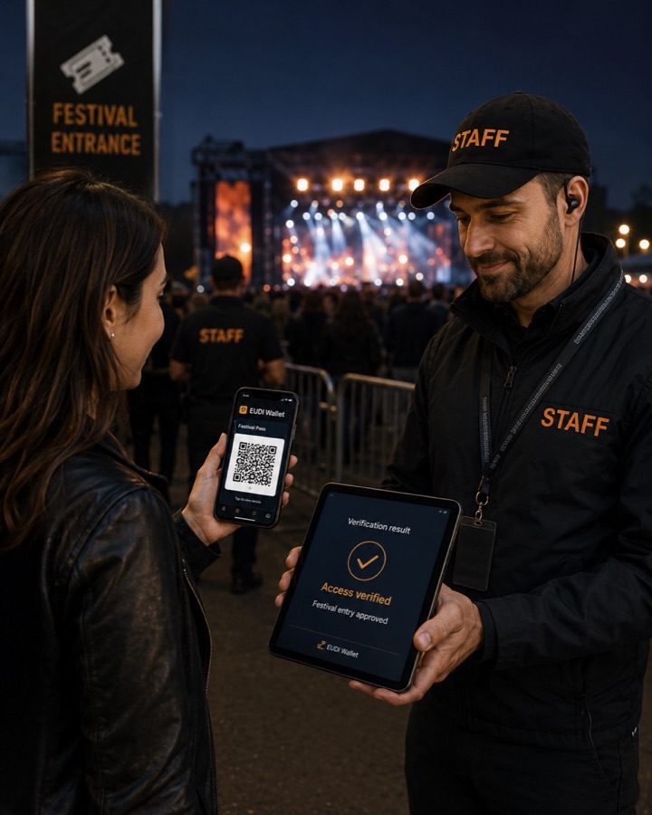 Festival entrance staff scanning the wallet ticket on a tablet — valid in 2 seconds, no paper.