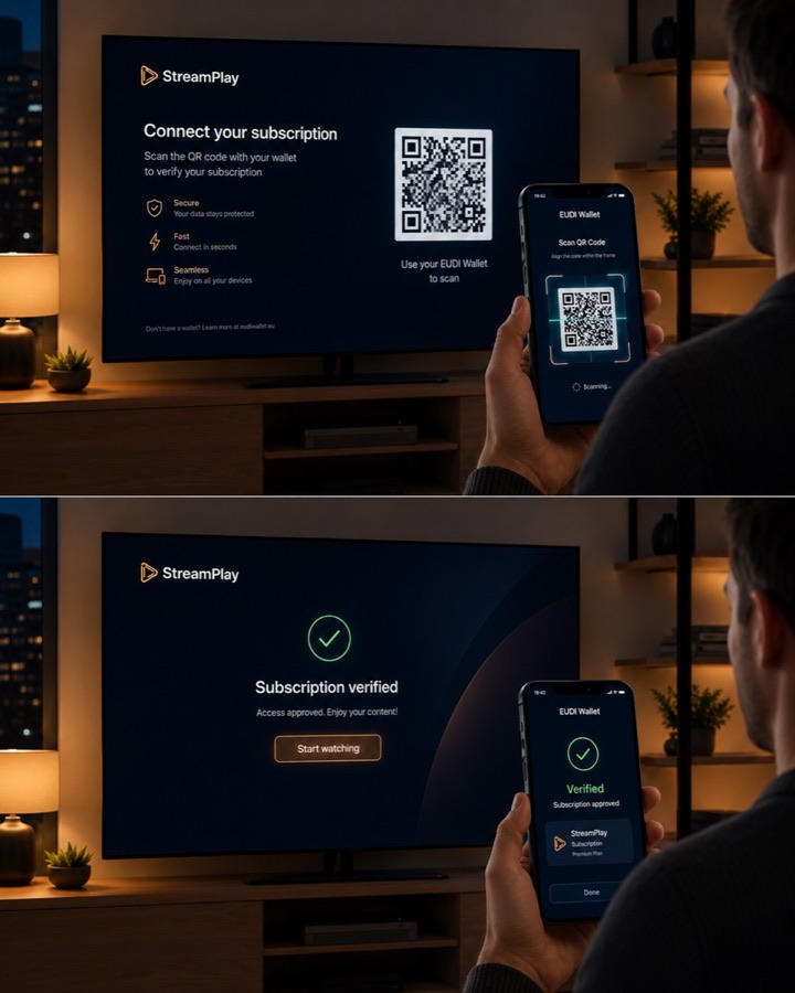 Smart TV showing a QR code; the user scans it with the wallet on their phone — subscription verified instantly, no new account.